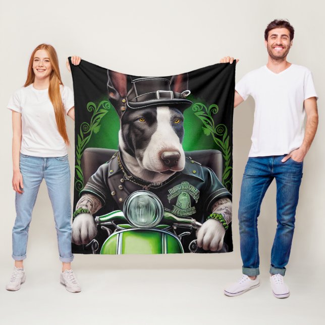 Bull Terrier Dog Driving Bike St. Patrick's Day Fleece Blanket (In Situ)