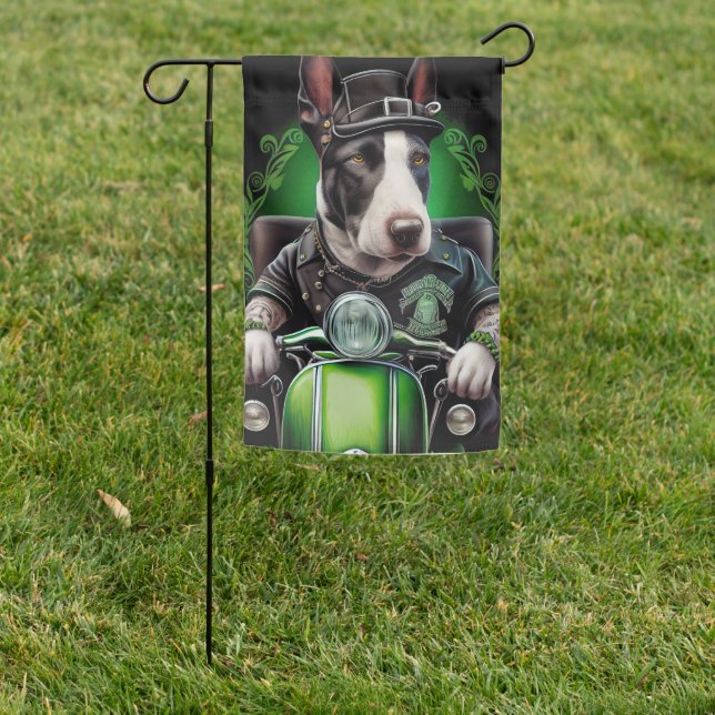 Bull Terrier Dog Driving Bike St. Patrick's Day Garden Flag (In SItu)