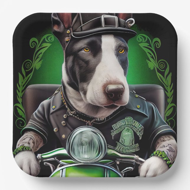 Bull Terrier Dog Driving Bike St. Patrick's Day Paper Plates (Front)