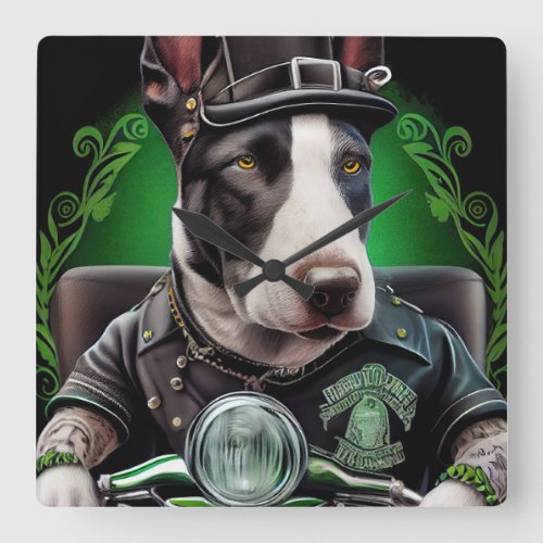 Bull Terrier Dog Driving Bike St Patricks Day Square Wall Clock