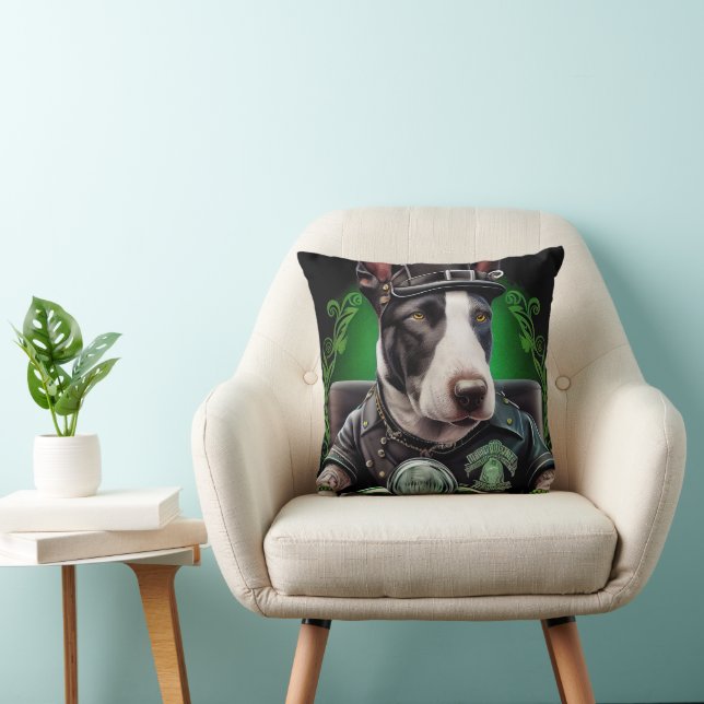 Bull Terrier Dog Driving Bike St. Patrick's Day Throw Pillow (Chair)