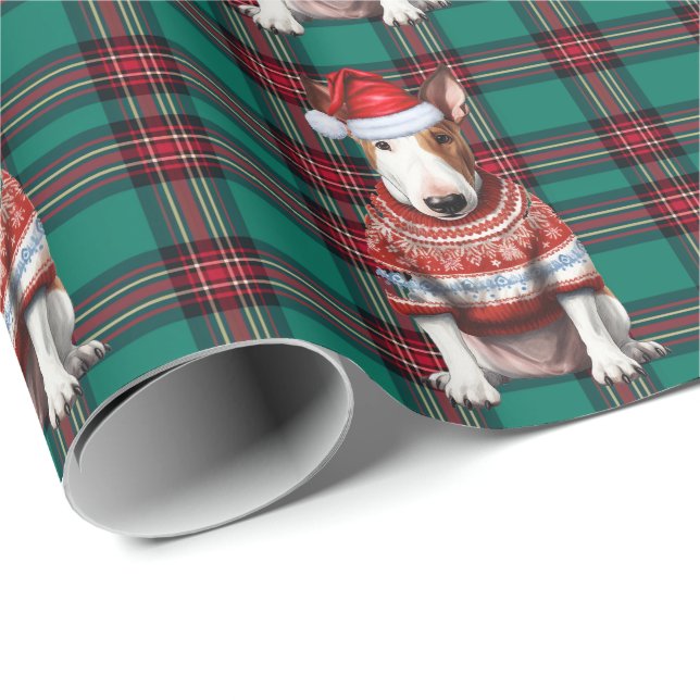 Bull Terrier Dog Funny Holiday Plaid Christmas Wrapping Paper (Roll Corner)