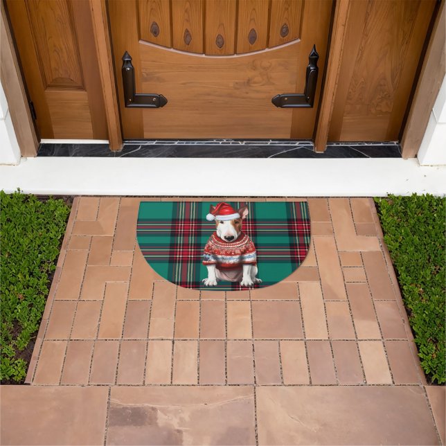 Bull Terrier Dog Green Seasonal Plaid Holiday Doormat (Outdoor)