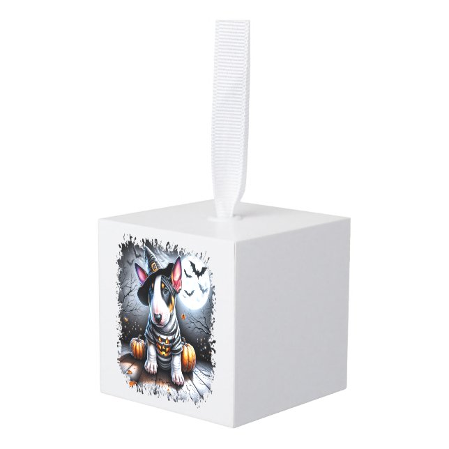 Bull Terrier Dog Halloween Cube Ornament (Front Angled)