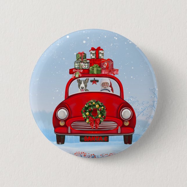 Bull Terrier Dog In Car With Santa Claus  Button (Front)