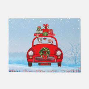 Bull Terrier Dog In Car With Santa Claus Doormat