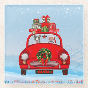 Bull Terrier Dog In Car With Santa Claus Glass Coaster