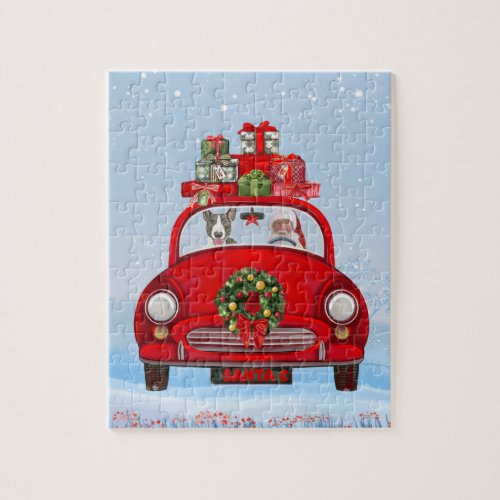 Bull Terrier Dog In Car With Santa Claus Jigsaw Puzzle