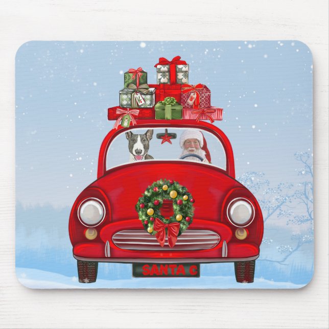 Bull Terrier Dog In Car With Santa Claus Mouse Pad (Front)