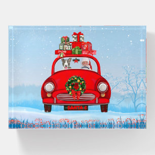 Bull Terrier Dog In Car With Santa Claus Paperweight
