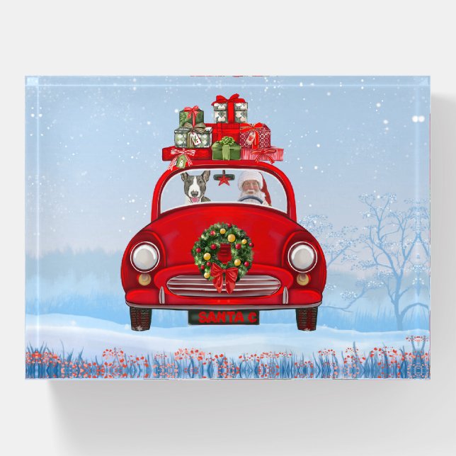 Bull Terrier Dog In Car With Santa Claus  Paperweight (Front)