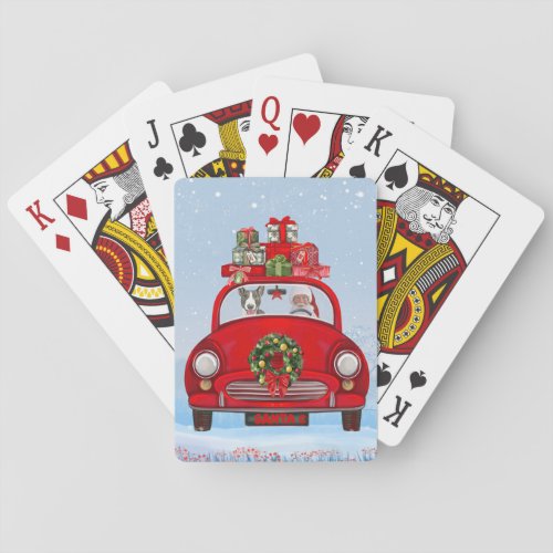 Bull Terrier Dog In Car With Santa Claus Playing Cards