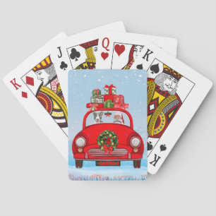 Bull Terrier Dog In Car With Santa Claus Poker Cards