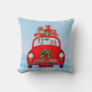 Bull Terrier Dog In Car With Santa Claus Throw Pillow