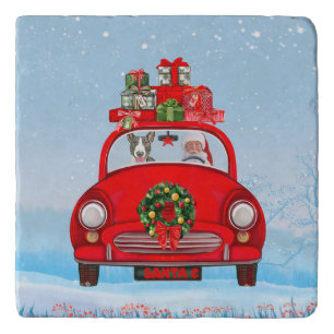 Bull Terrier Dog In Car With Santa Claus Trivet
