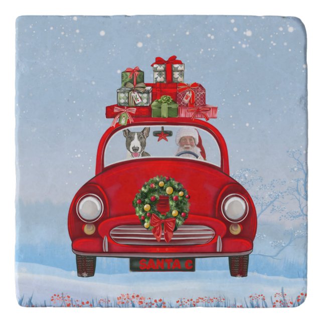 Bull Terrier Dog In Car With Santa Claus  Trivet (Front)