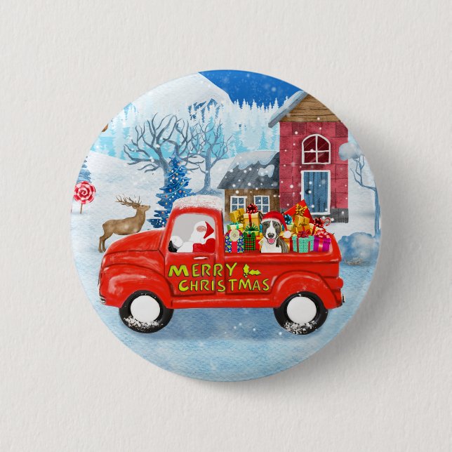Bull Terrier Dog in Christmas Delivery Truck Snow  Button (Front)