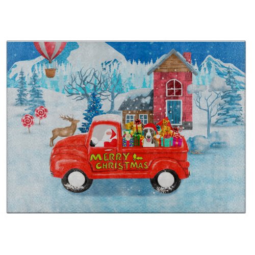 Bull Terrier Dog in Christmas Delivery Truck Snow Cutting Board