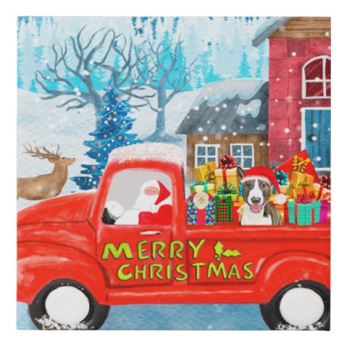 Bull Terrier Dog in Christmas Delivery Truck Snow  Faux Canvas Print