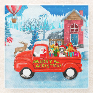 Bull Terrier Dog in Christmas Delivery Truck Snow Glass Coaster