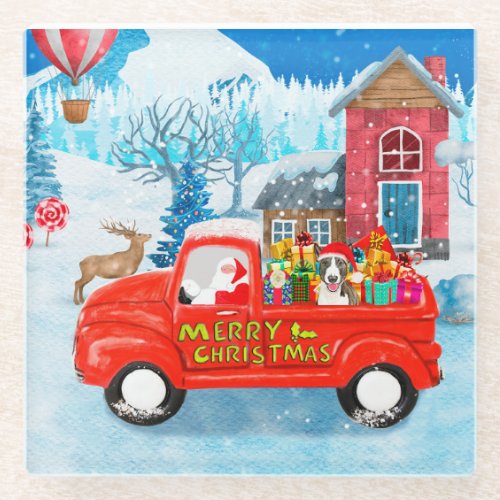 Bull Terrier Dog in Christmas Delivery Truck Snow  Glass Coaster