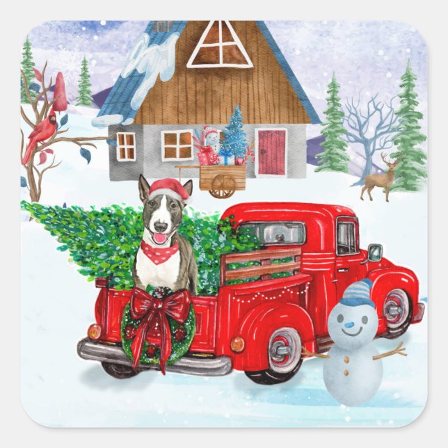Bull Terrier dog In Christmas Delivery Truck Snow Square Sticker (Front)