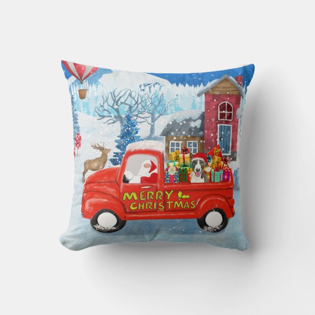 Bull Terrier Dog in Christmas Delivery Truck Snow Throw Pillow (Front)