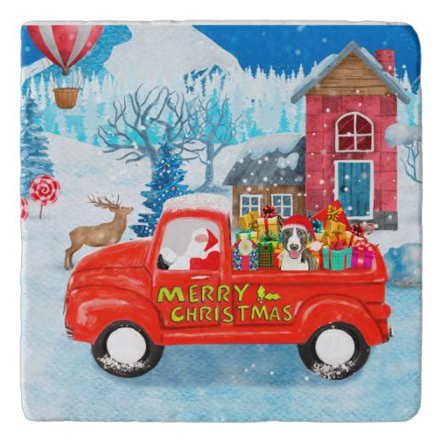 Bull Terrier Dog in Christmas Delivery Truck Snow  Trivet