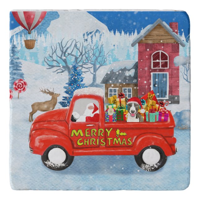 Bull Terrier Dog in Christmas Delivery Truck Snow  Trivet (Front)
