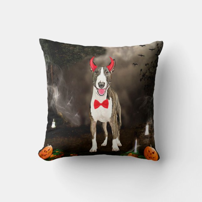 Bull Terrier Dog in Halloween Costume Throw Pillow (Front)