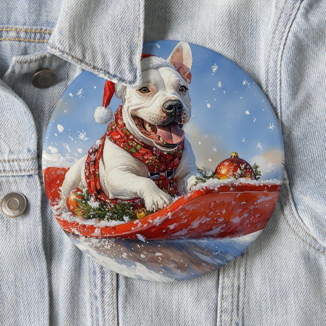 Bull Terrier Dog in Sledge Let it Snow Christmas Button (In Situ)