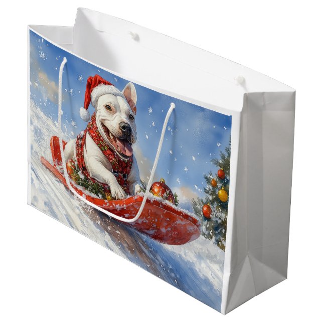 Bull Terrier Dog in Sledge Let it Snow Christmas Large Gift Bag (Front Angled)