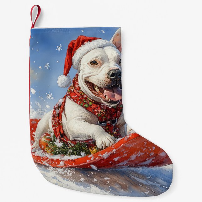 Bull Terrier Dog in Sledge Let it Snow Christmas Small Christmas Stocking (Front)
