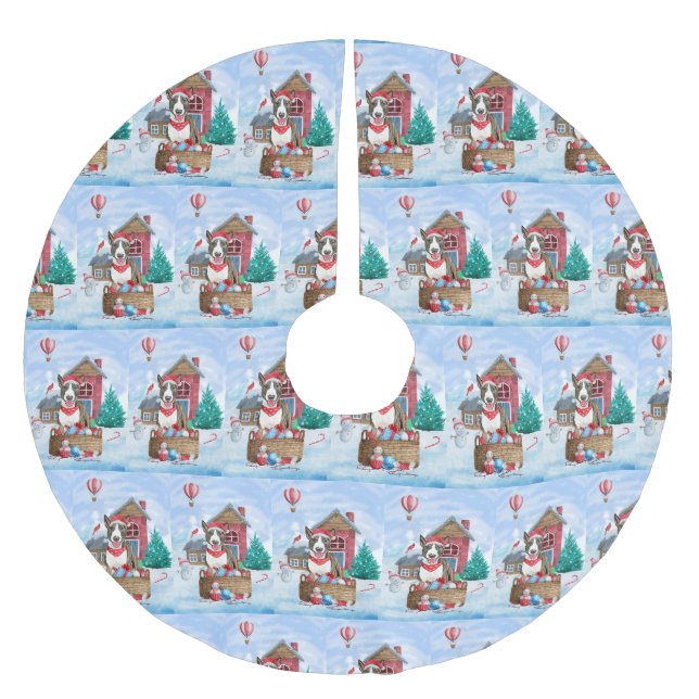 Bull Terrier Dog In snow Christmas Dog House Brushed Polyester Tree Skirt (Front)