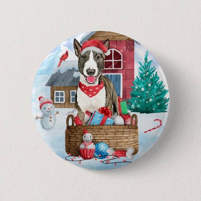 Bull Terrier Dog In snow Christmas Dog House Button (Front)