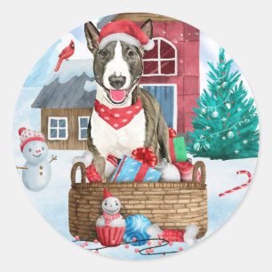 Bull Terrier Dog In snow Christmas Dog House Classic Round Sticker