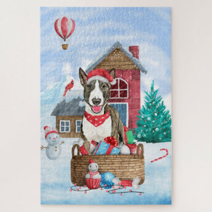 Bull Terrier Dog In snow Christmas Dog House Jigsaw Puzzle