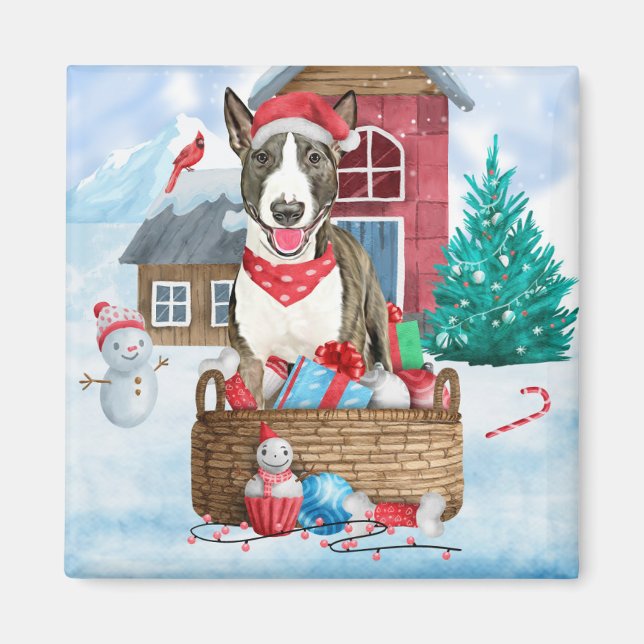 Bull Terrier Dog In snow Christmas Dog House Magnet (Front)
