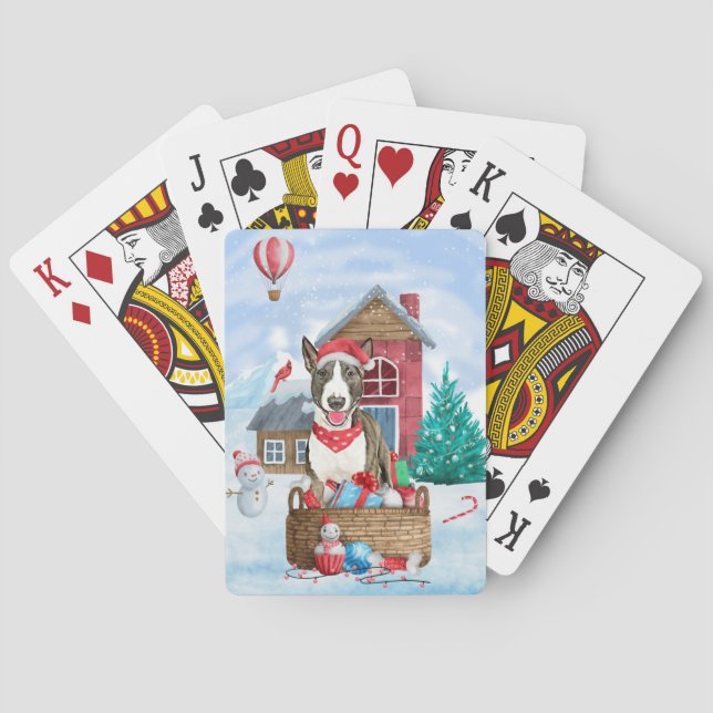 Bull Terrier Dog In snow Christmas Dog House Poker Cards (Back)