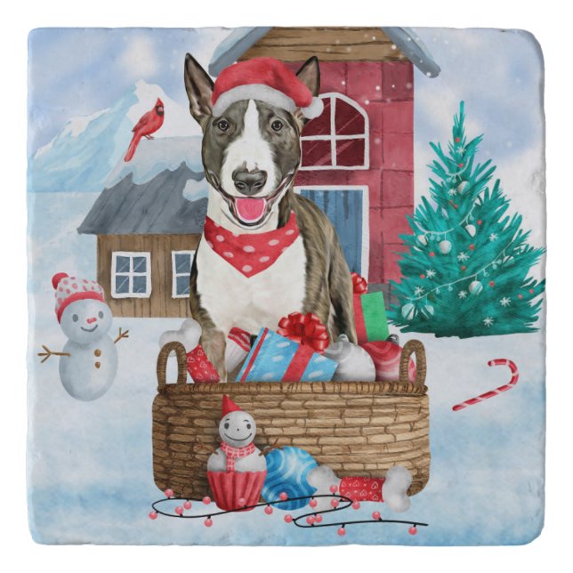 Bull Terrier Dog In snow Christmas Dog House Trivet (Front)