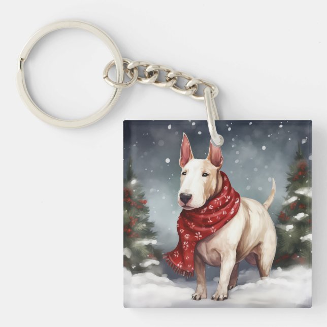 Bull Terrier Dog in Snow Christmas  Keychain (Front)