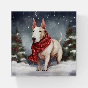 Bull Terrier Dog in Snow Christmas Paperweight