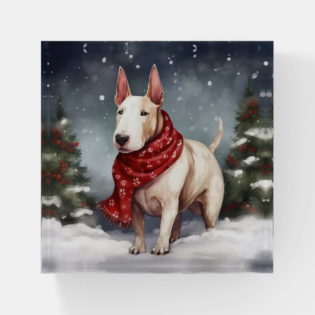 Bull Terrier Dog in Snow Christmas  Paperweight (Front)