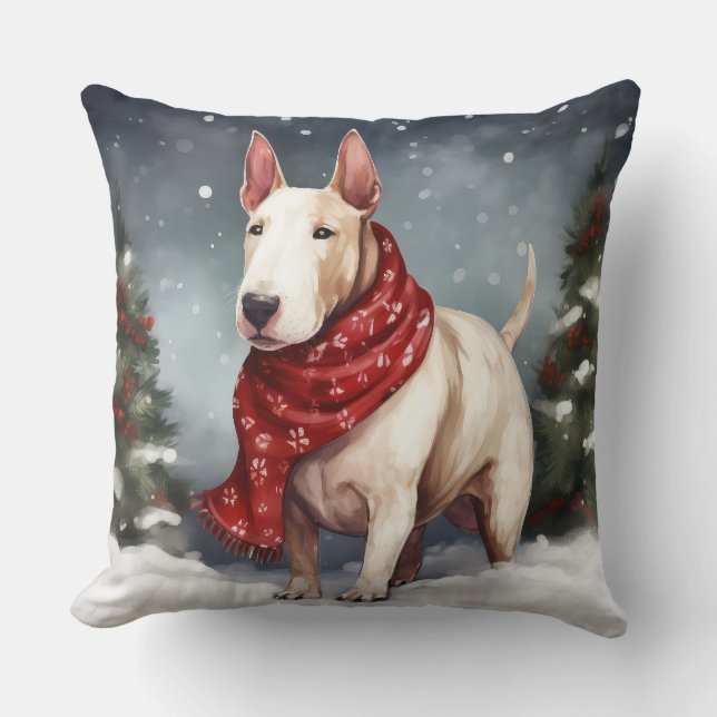 Bull Terrier Dog in Snow Christmas  Throw Pillow (Front)