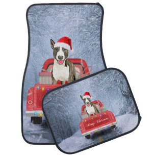 Bull Terrier Dog in Snow sitting in Christmas Car Floor Mat