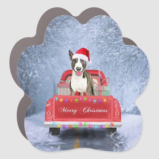 Bull Terrier Dog in Snow sitting in Christmas Car Magnet (Front)
