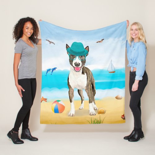 Bull Terrier Dog on Beach Fleece Blanket