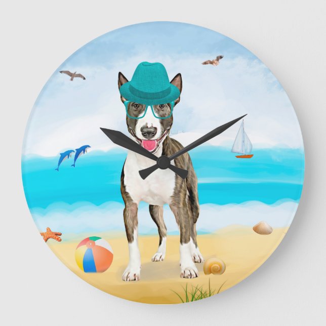 Bull Terrier Dog on Beach Large Clock (Front)