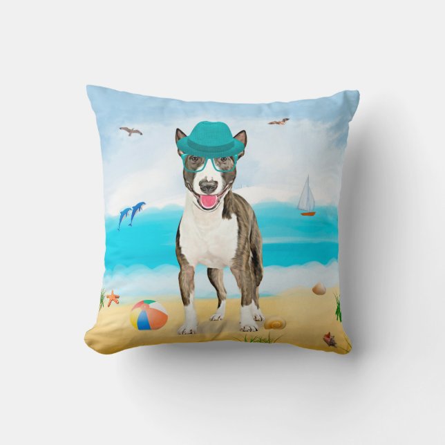 Bull Terrier Dog on Beach Throw Pillow (Front)