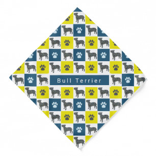 Bull Terrier Dog & Paw Yellow & Blue Grid Bandana